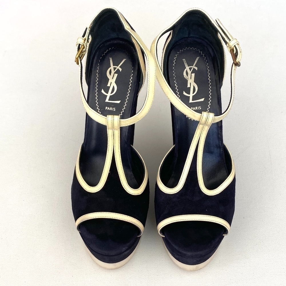 Yves Saint Laurent Navy Suede Wedges Size 36 - Picture 2 of 12
